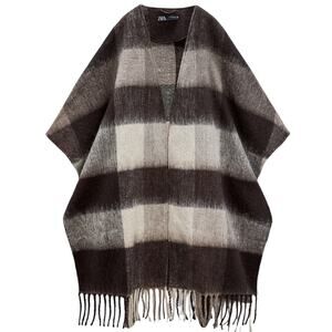ZARA Fringed Plaid Poncho checked fringe boho open front sweater dark camel Sz M
